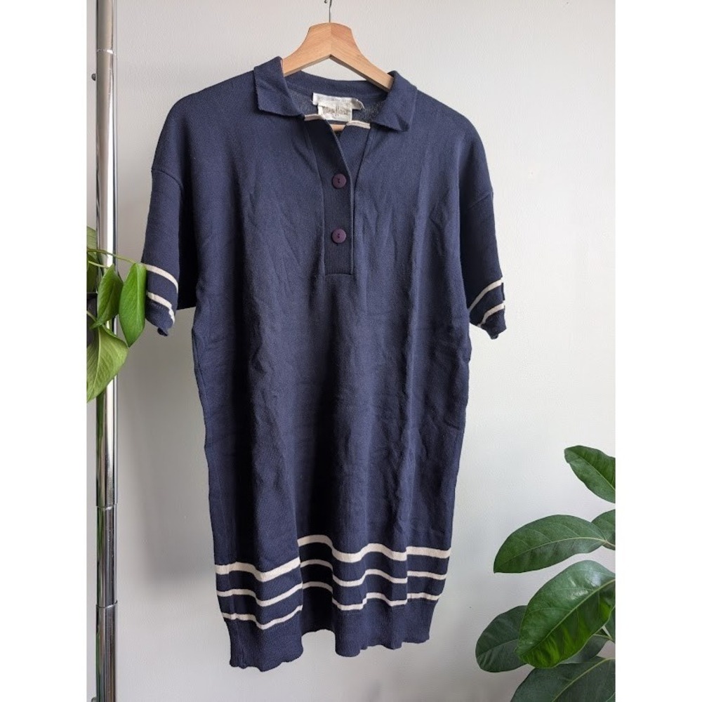 vintage 60s 70s Geoffrey Beene knit dress S navy Made in USA 100% cotton polo